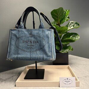 Prada Small Denim Canapa Logo Tote w/ Strap & Authenticity Certificate Card